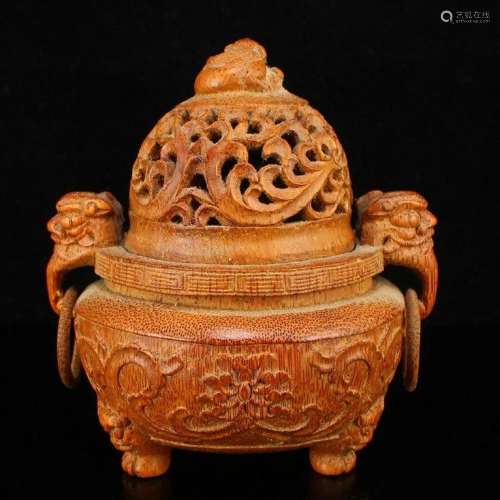Openwork Chinese Bamboo Double Rings 3 Legs Incense Burner