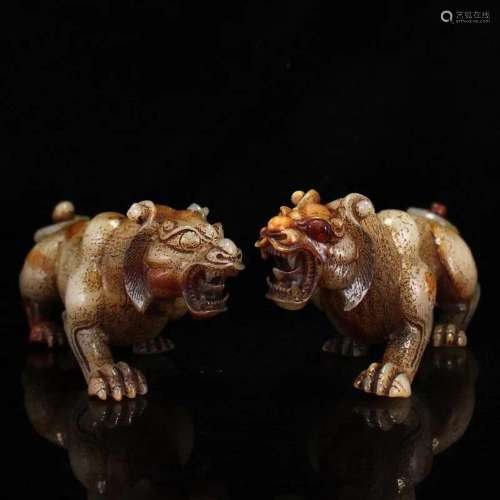 A Pair Superb Vintage Chinese Hetian Jade Tiger Statues
