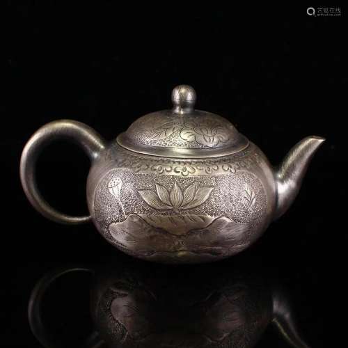 Chinese Qing Dy Pure Silver Flower Design Teapot