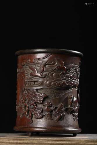Old Chinese Bamboo Carved Figure Brush Pot