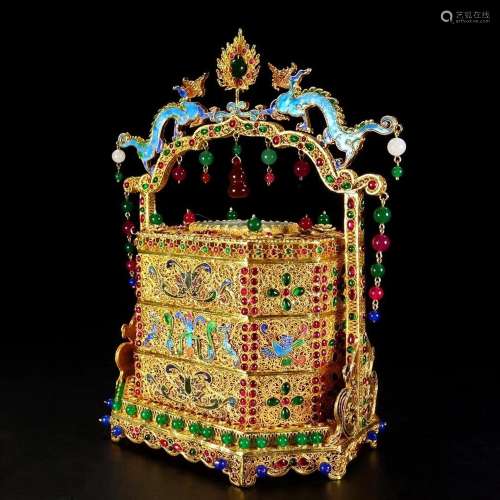 Superb Chinese Gold Wire Enamel Inlay Hetian Jade & Gems...