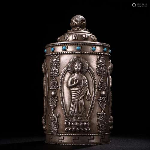 Vintage Buddhism White Copper Inlay Turquoise Pot