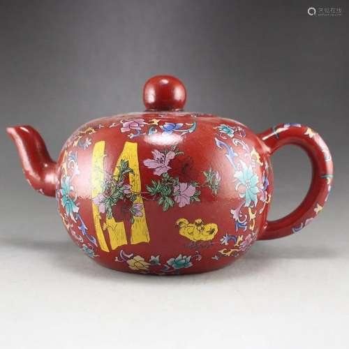Chinese Famille Rose Zisha Clay Teapot w Artist Signed