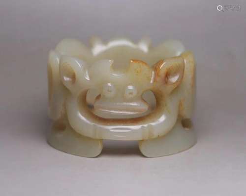 Openwork Chinese Hetian Jade Lucky Beast Ring