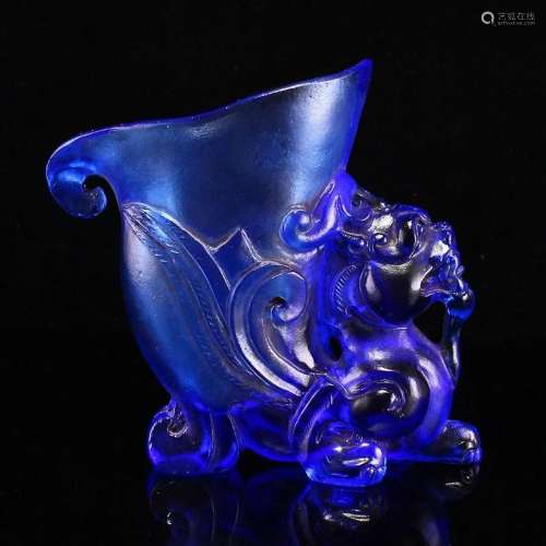 Vintage Chinese Blue Peking Glass Divine Beast Wine Cup