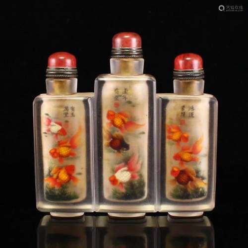 Chinese Peking Glass Inside Painting Conjoined Goldfish Snuf...
