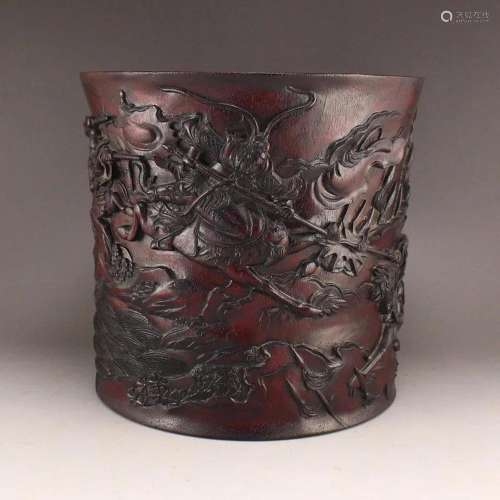 Chinese Qing Dynasty Zitan Wood Low Relief Figures Brush Pot