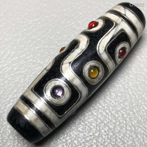 Vintage Tibetan 9 Eye DZI Agate Inlay Silver Wire & Gem ...