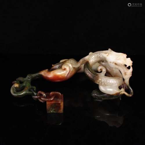 Vintage Chinese Hetian Jade Fortune Dragon Statue w Seal