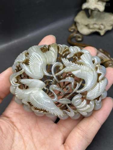 Openwork Qing Dy Hetian Jade Crane & Lotus Flower Pendan...