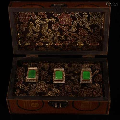 Three Silver Inlay Green Jade Ring w Lacquerware Box