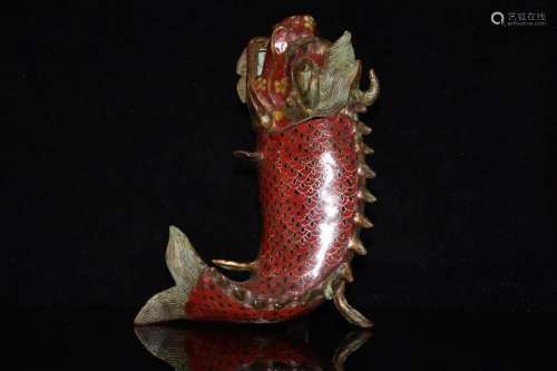 Vintage Red Copper Cloisonne Dragon Fish Incense Burner