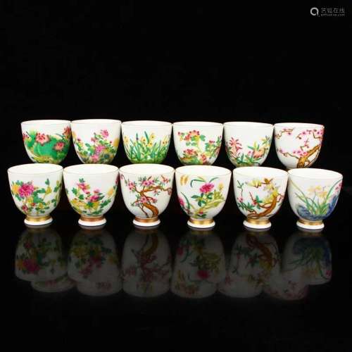 Twelve Gilt Edges Famille Rose Poetic Prose Porcelain Cups