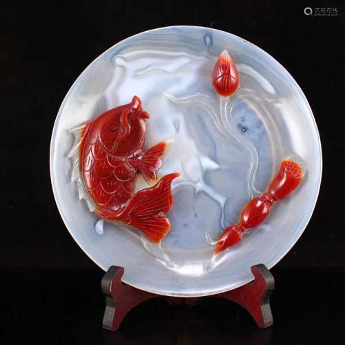Natural Agate Low Relief Lotus Flower & Carp Plate w Cer...