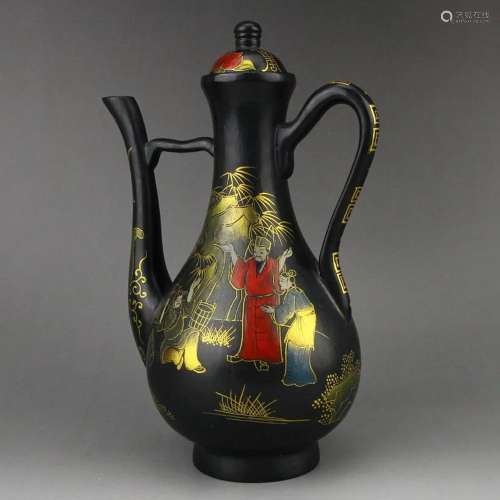 Chinese Qing Dy Gilt Gold Black Lacquerware Wine Pot