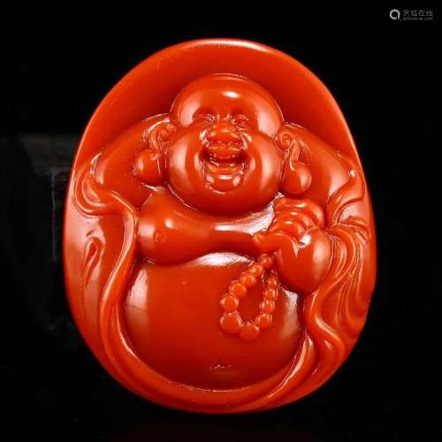 Chinese Nanhong Agate Laughing Buddha Pendant w Certificate