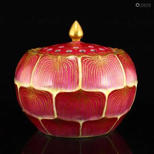 Gilt Gold Red Glaze Porcelain Lotus Pod Incense Burner