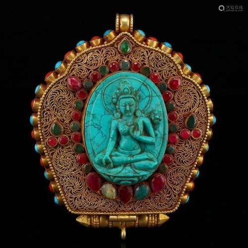 Buddhism Pure Silver Gilt Gold Inlay Turquoise & Gems Ga...