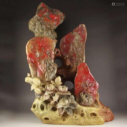 A Set Superb Chinese Chicken Blood Stone Statue