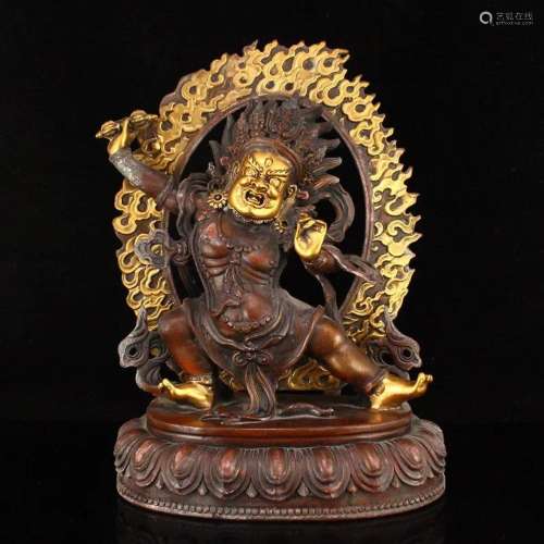 Vintage Tibetan Buddhism Gilt Gold Red Copper Mahakala Statu...