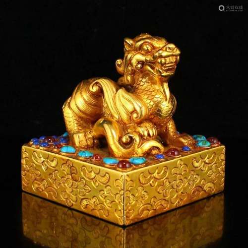 Vintage Chinese Gilt Gold Bronze Inlay Gem Unicorn Seal