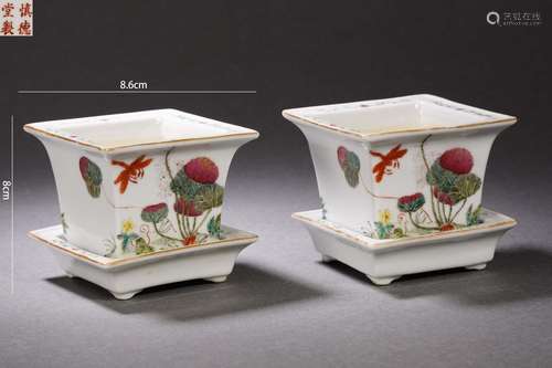 Pair of Famille Rose Flower Square Pots