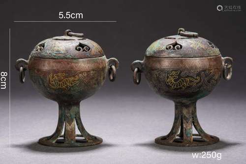 Pair of Gold Inlaying Bronze Stem Dou Vessels