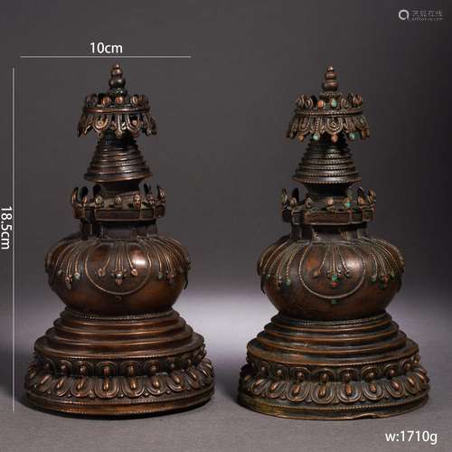 Hardstone Inlaid Bronze Pagoda