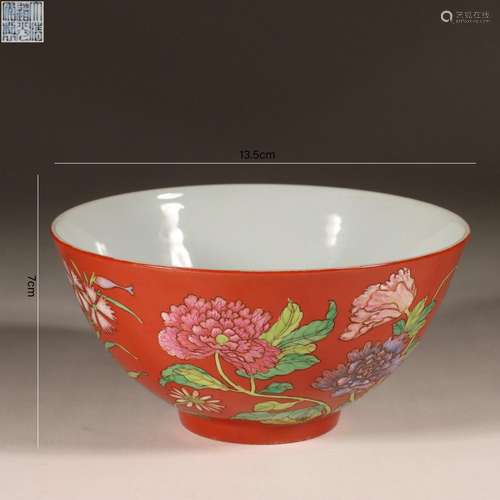 Red-Ground Famille Rose Flower Bowl