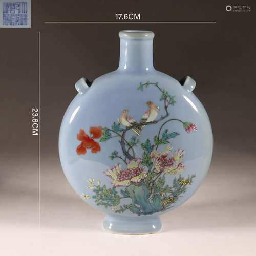 Blue Glaze Famille Rose Flower and Bird Moonflask