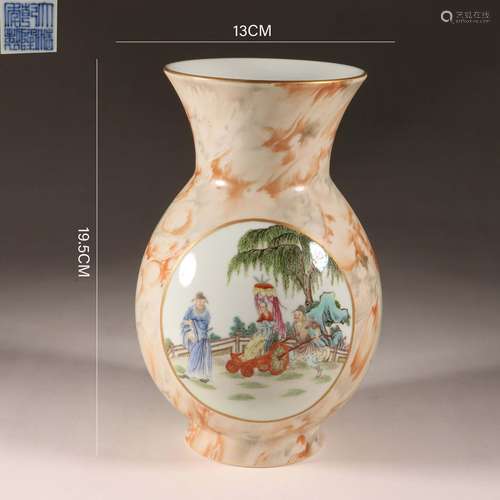 Faux-Bois Glaze Famille Rose Figure Vase