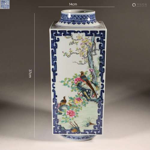 Blue and White Enclosing Flower and Bird Square Vase