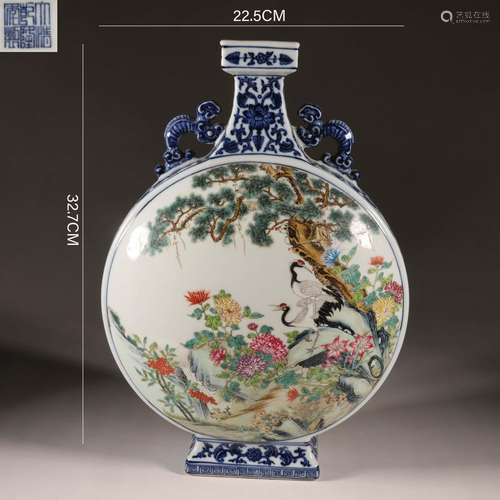 Blue and White Famille Rose Flower and Bird Moonflask