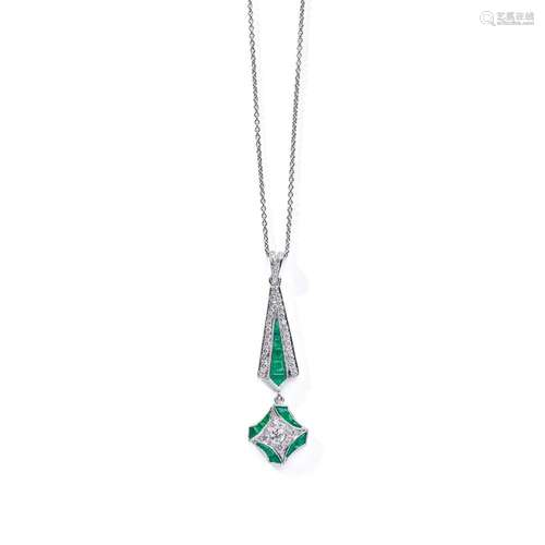 An emerald and diamond pendant