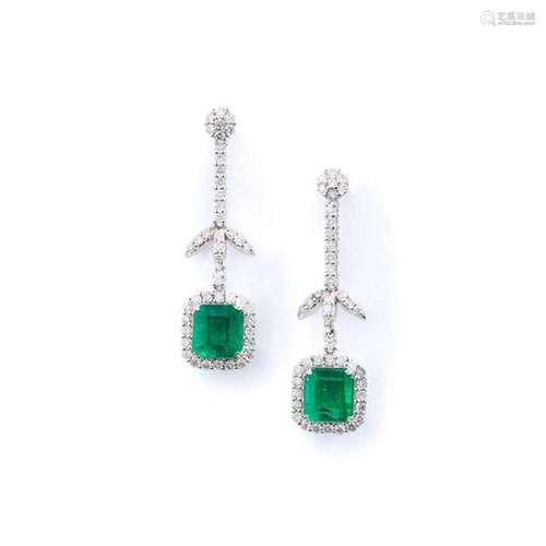 A pair of emerald and diamond pendent earrings