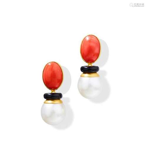 A pair of coral, onyx and cultured pearl earrings