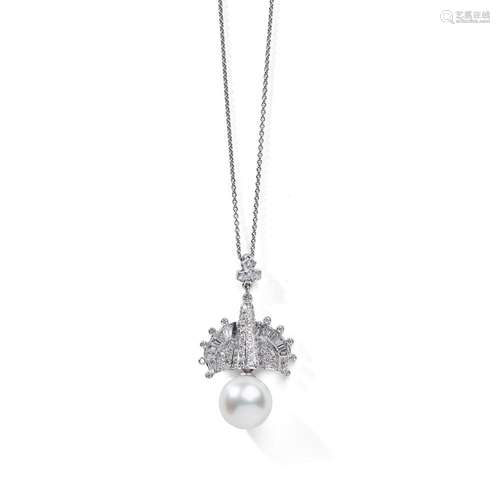 A cultured pearl and diamond pendant