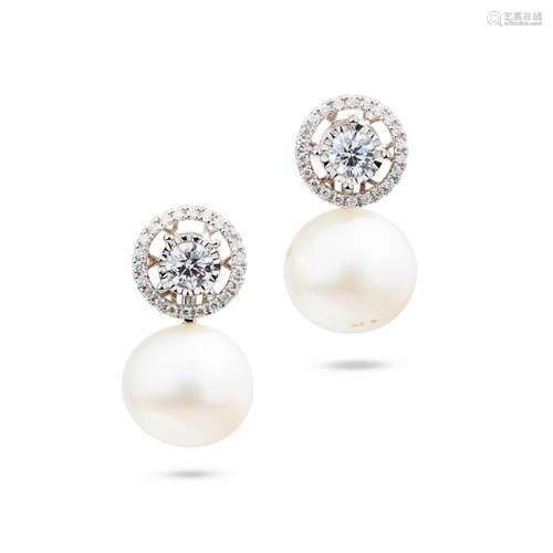 A pair of cultured pearl and diamond earrings