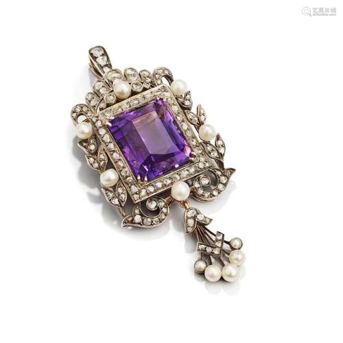 A late 19th century amethyst, pearl and diamond pendant/broo...