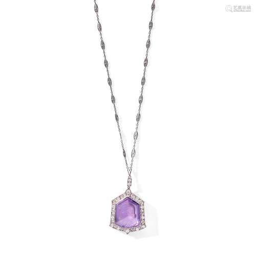 An early 20th century amethyst and diamond pendant necklace