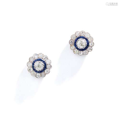 A pair of diamond and sapphire cluster earrings