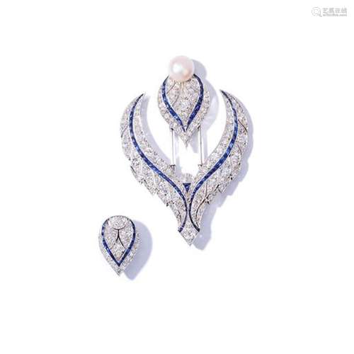 A mid 20th century sapphire and diamond double jabot pin