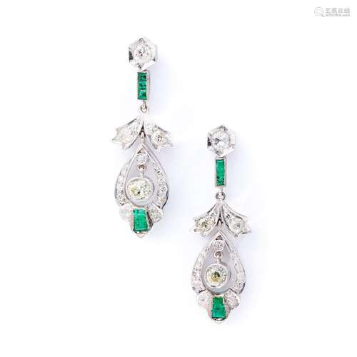 A pair of emerald and diamond earrings