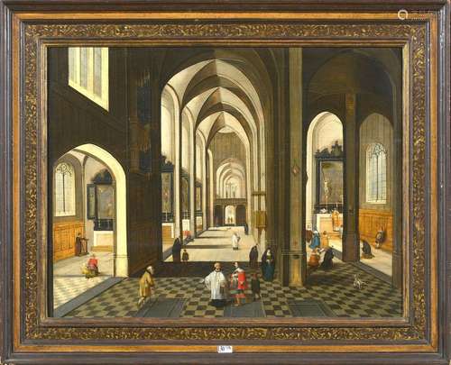 Huile sur panneau de chêne parqueté "Intérieur d'église...