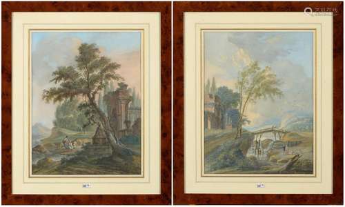 "Paysages animés sur fond de ruines" paire de goua...