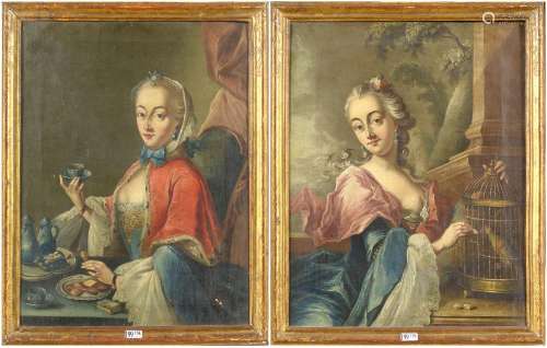 Paire d'huiles sur toile "Portraits de dames de qualité...