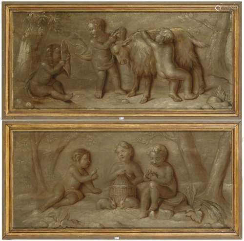 Paire d'huiles sur toile "Frises de putti en grisaille&...