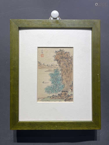 溥儒 山水小品 镜框镶嵌 绢本