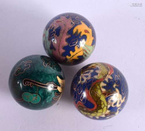THREE UNUSUAL CLOISONNE ENAMEL BELL BALLS. 5 cm diameter. (3...