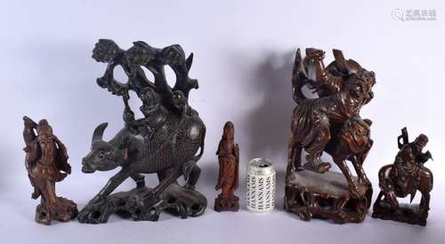 FIVE LARGE 19TH CENTURY CHINESE CARVED HARDWOOD FIGURES Qing...